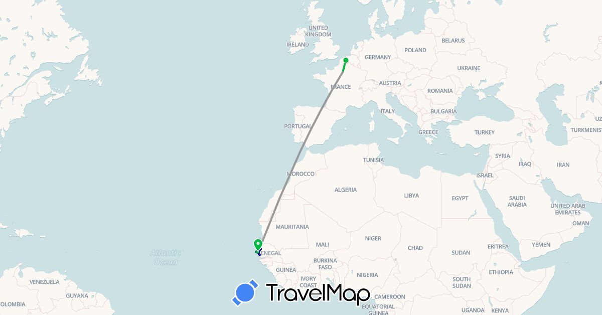 TravelMap itinerary: driving, bus, plane, hiking, boat in France, Senegal (Africa, Europe)
